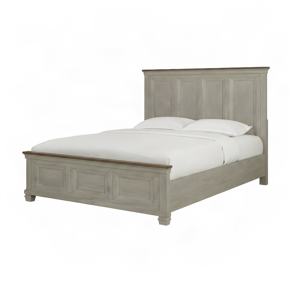 Acacia Queen Panel Bed Frame with Farmhouse Headboard, Washed Stone