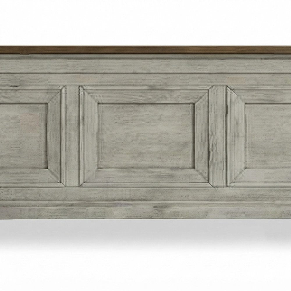 Acacia Queen Panel Bed Frame with Farmhouse Headboard, Washed Stone