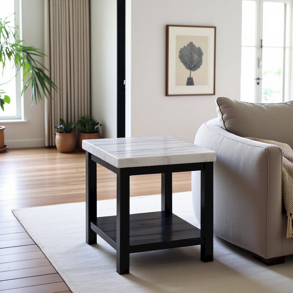 White Marble Square Console Table with Acacia Base for Living Room
