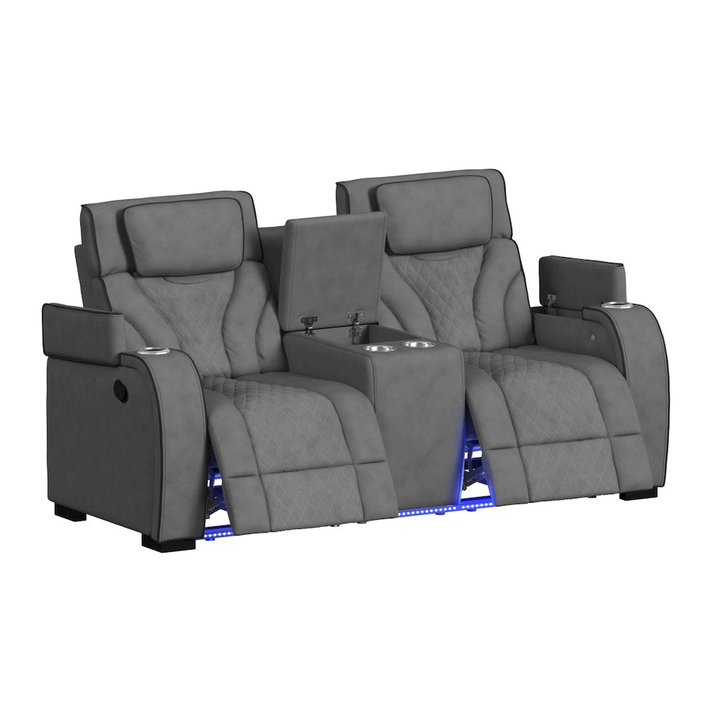 Tundra Motion Loveseat with Console, and LED in Simba Slate and Black Welt