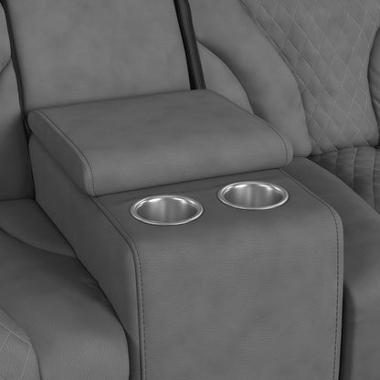 Tundra Motion Loveseat with Console, and LED in Simba Slate and Black Welt