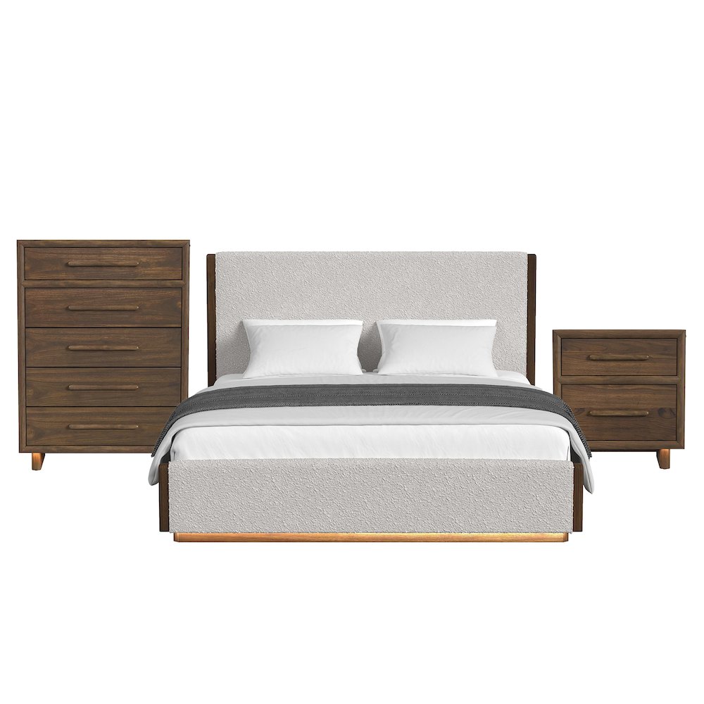 Perth King UPH 3PC Bedroom Set with Boucle Beige and LED in Brown