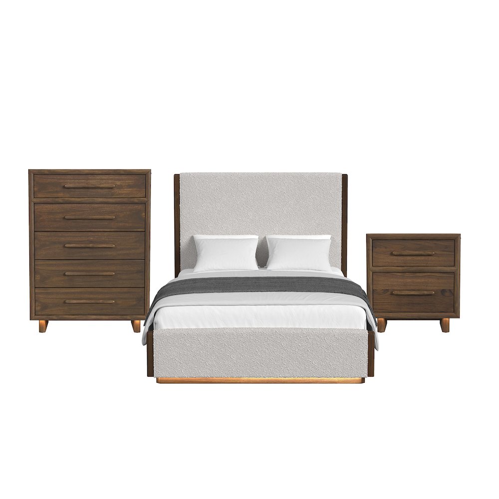 Perth  Queen UPH 3PC Bedroom Set with Boucle Beige and LED in Brown