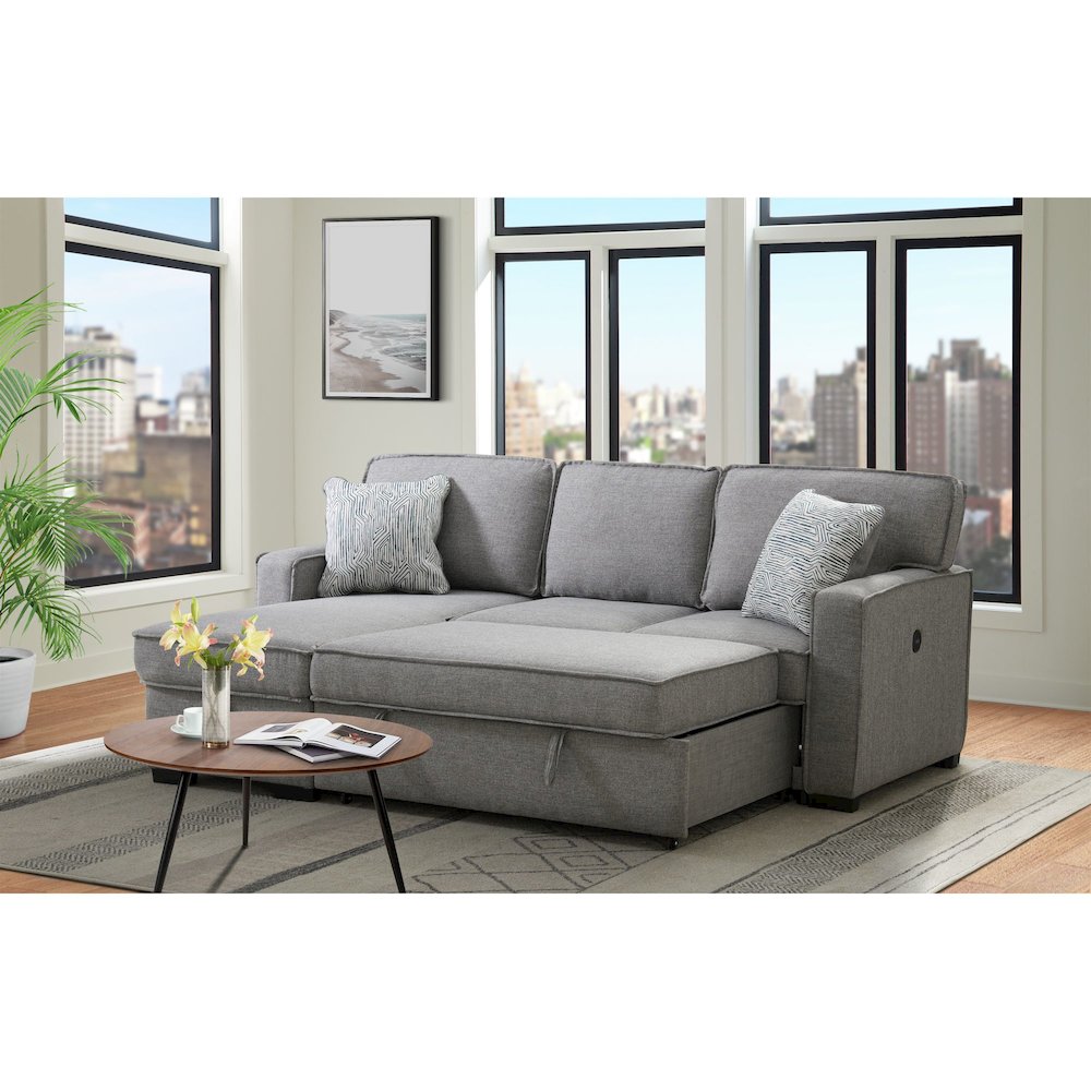 Parque Sectional Sleeper Chofa with Pull Bed, Drop Table & USB in Palmer Steel