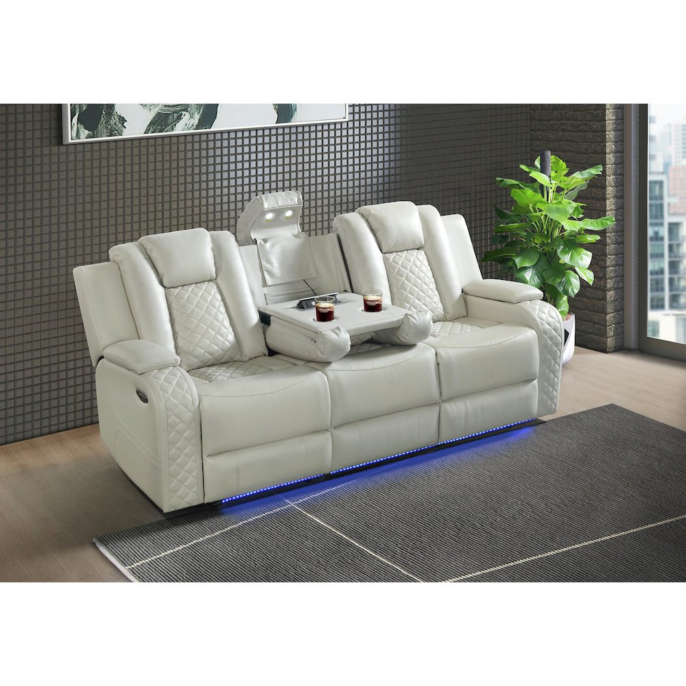 Power Motion Sofa with Power Headrest, Dropdown Table, Pebble Oyster