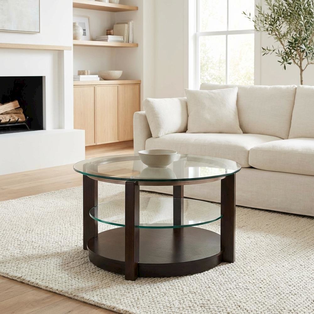 Espresso Coffee Table with Glam Finish and Durable Base for Living Room