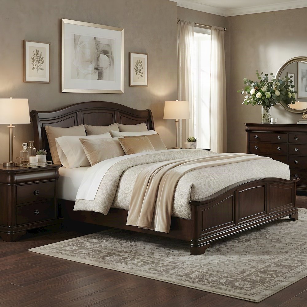 Birch Queen Bed Frame with Panel Headboard, Traditional Style, Cherry