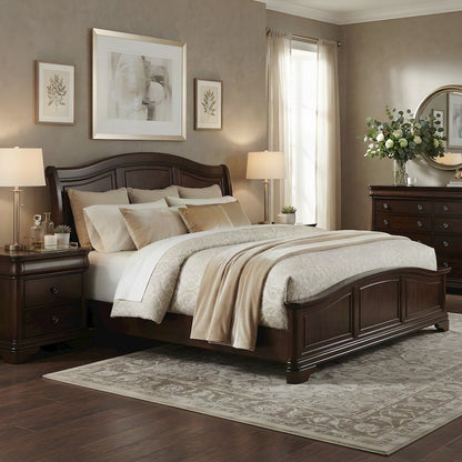 Birch Queen Bed Frame with Panel Headboard, Traditional Style, Cherry