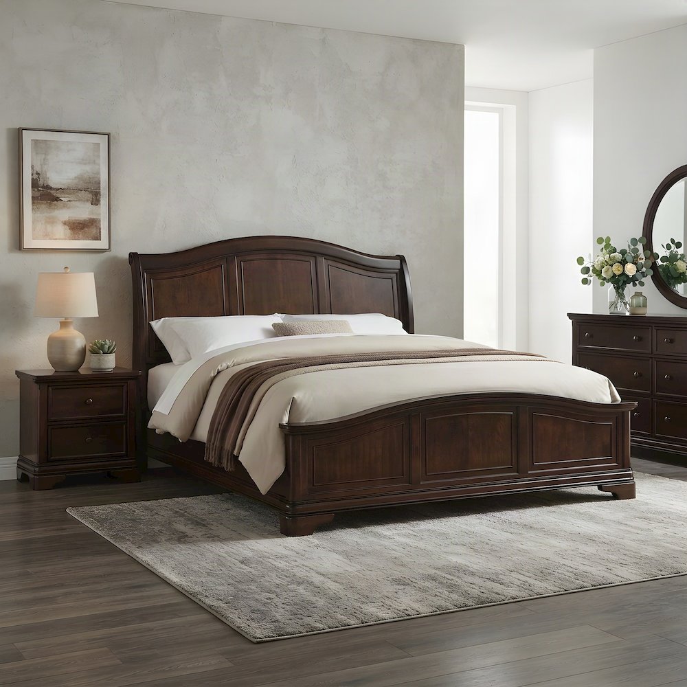 Birch Queen Bed Frame with Panel Headboard, Traditional Style, Cherry