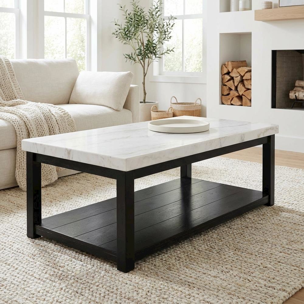 Rectangular White Coffee Table with Casters and Durable Shelf for Storage