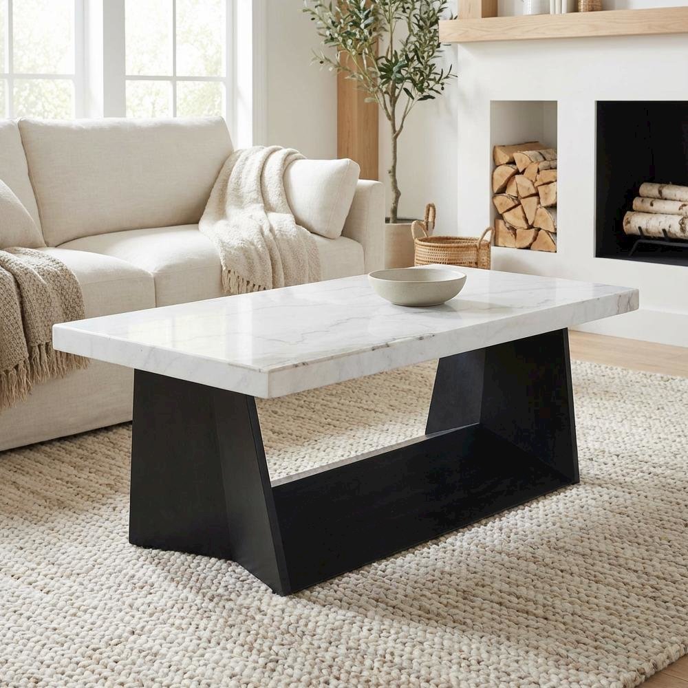 White Marble Coffee Table with Glam Finish and Sturdy Construction