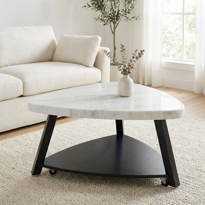White Modern Coffee Table with Shelf and 2-Inch Thick Top, Single Piece