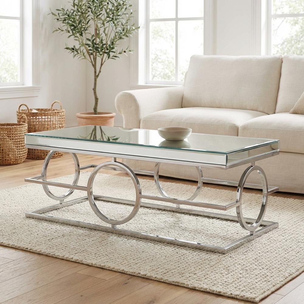 Rectangle Chrome Mirrored Coffee Table with Glam Finish and Sturdy Build