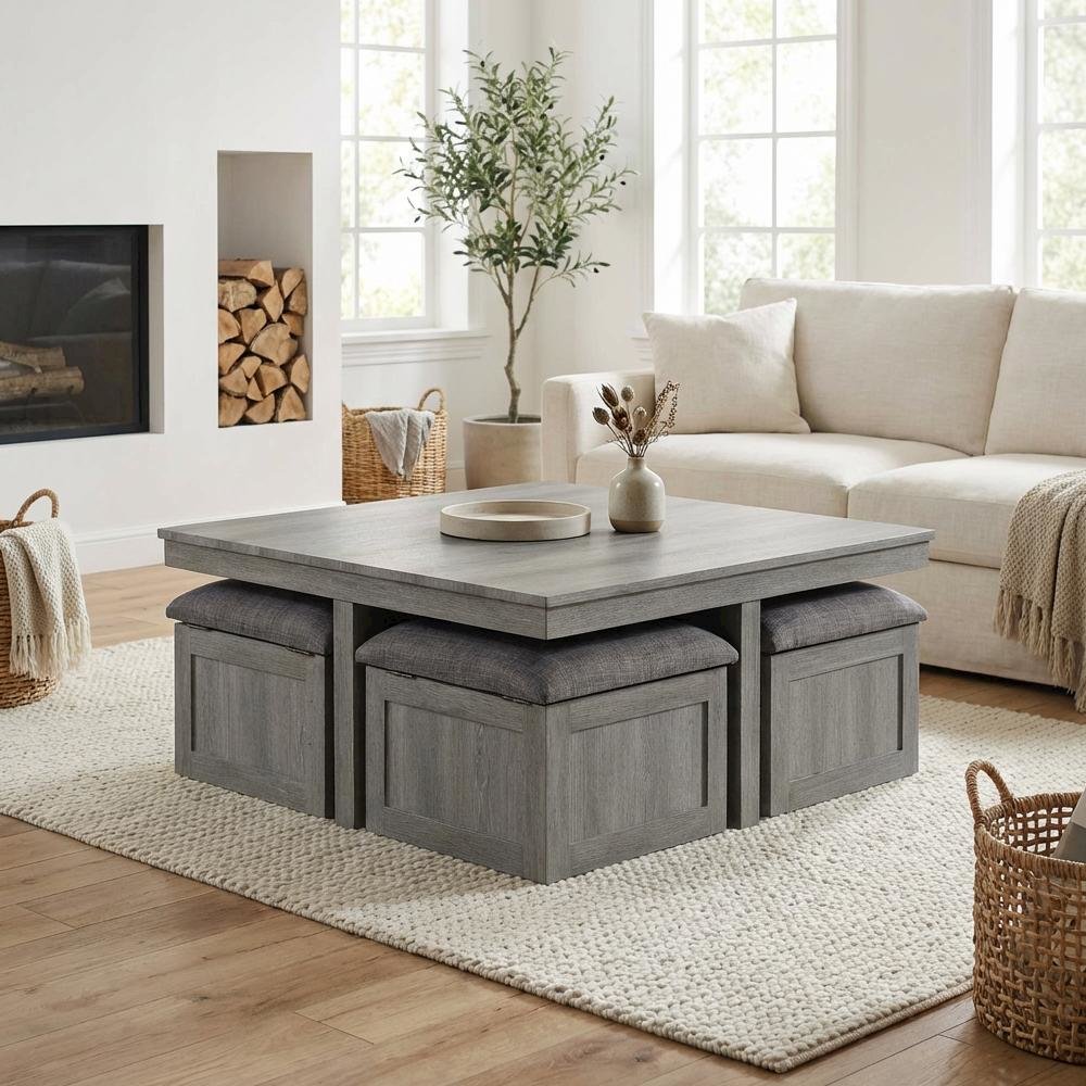Light Grey Coffee Table with Four Storage Stools and Polyurethane Foam Seating