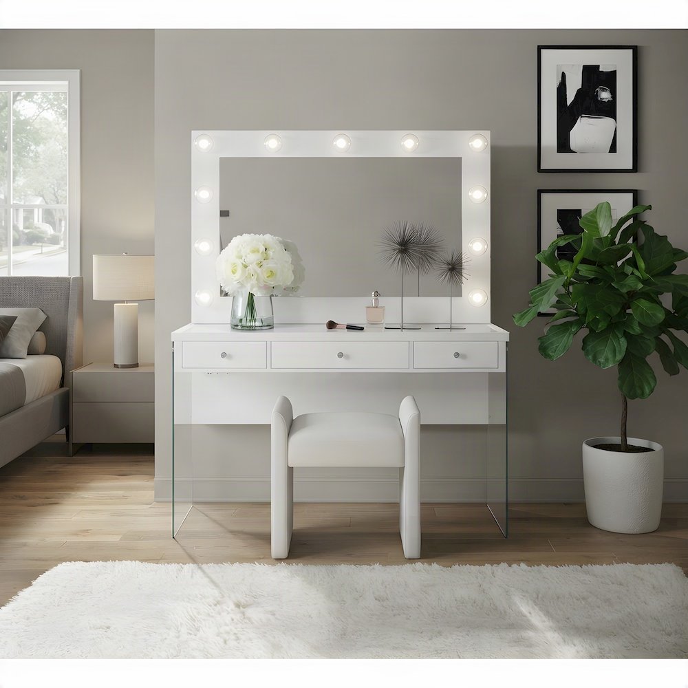 Glam Makeup Vanity Desk with Full-Extension Drawers, 2 Piece Set, White