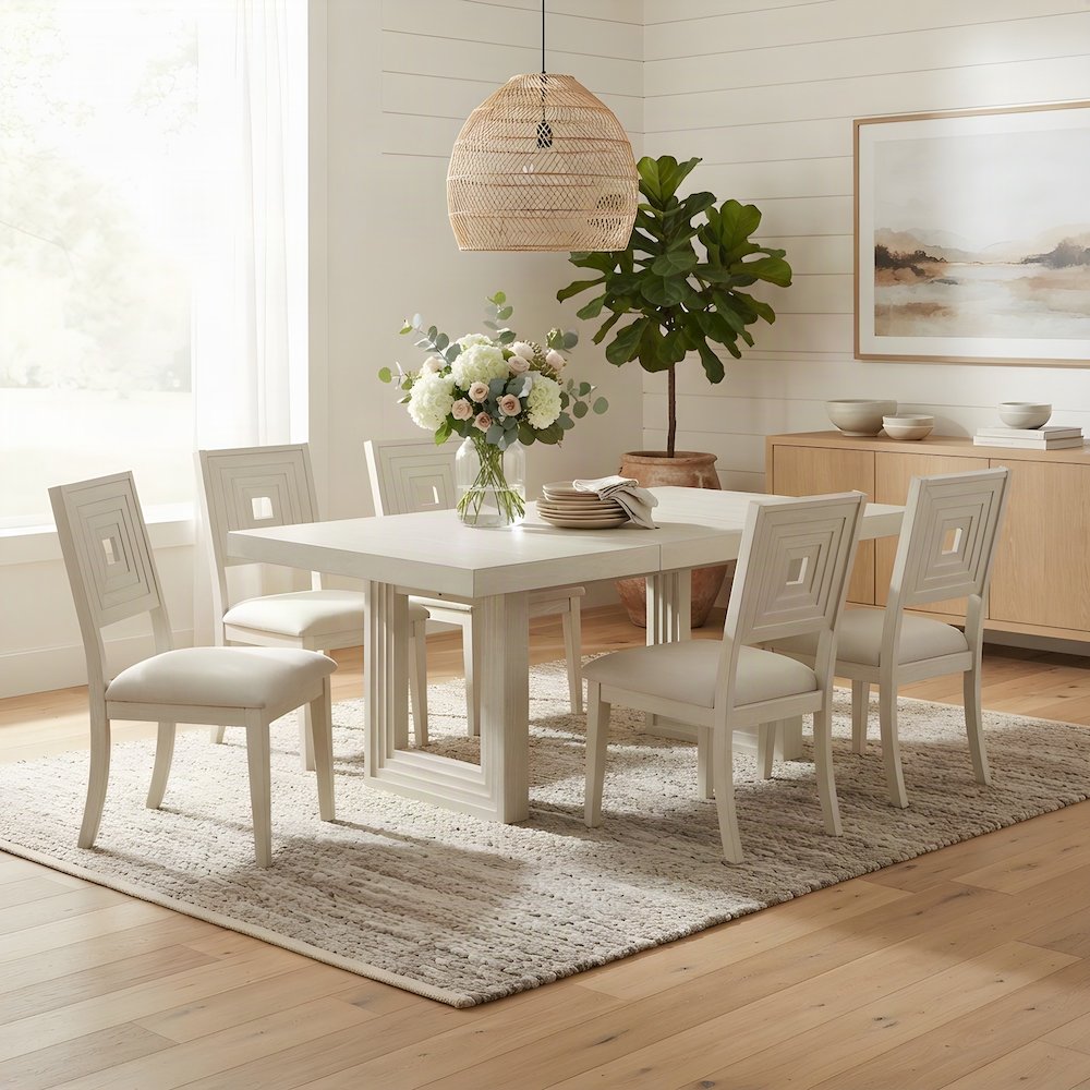 Rectangular Wood Dining Table with Extension Leaf for Six Diners, Antique White