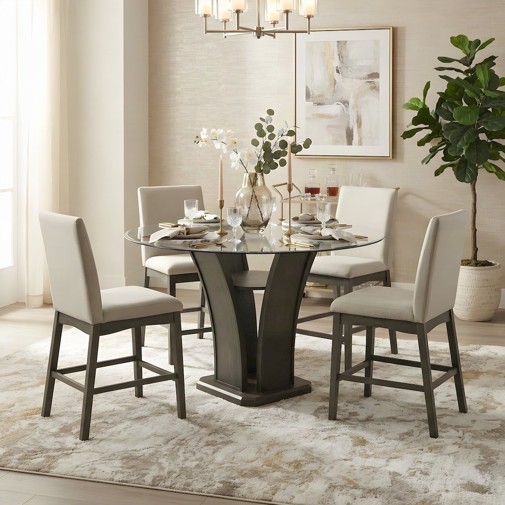 Polyester Upholstered Round Counter Height 5 Piece Set, Walnut