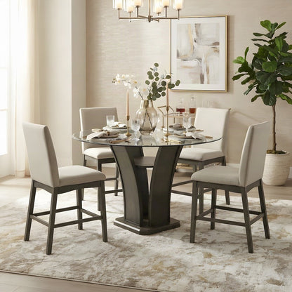 Polyester Upholstered Round Counter Height 5 Piece Set, Walnut