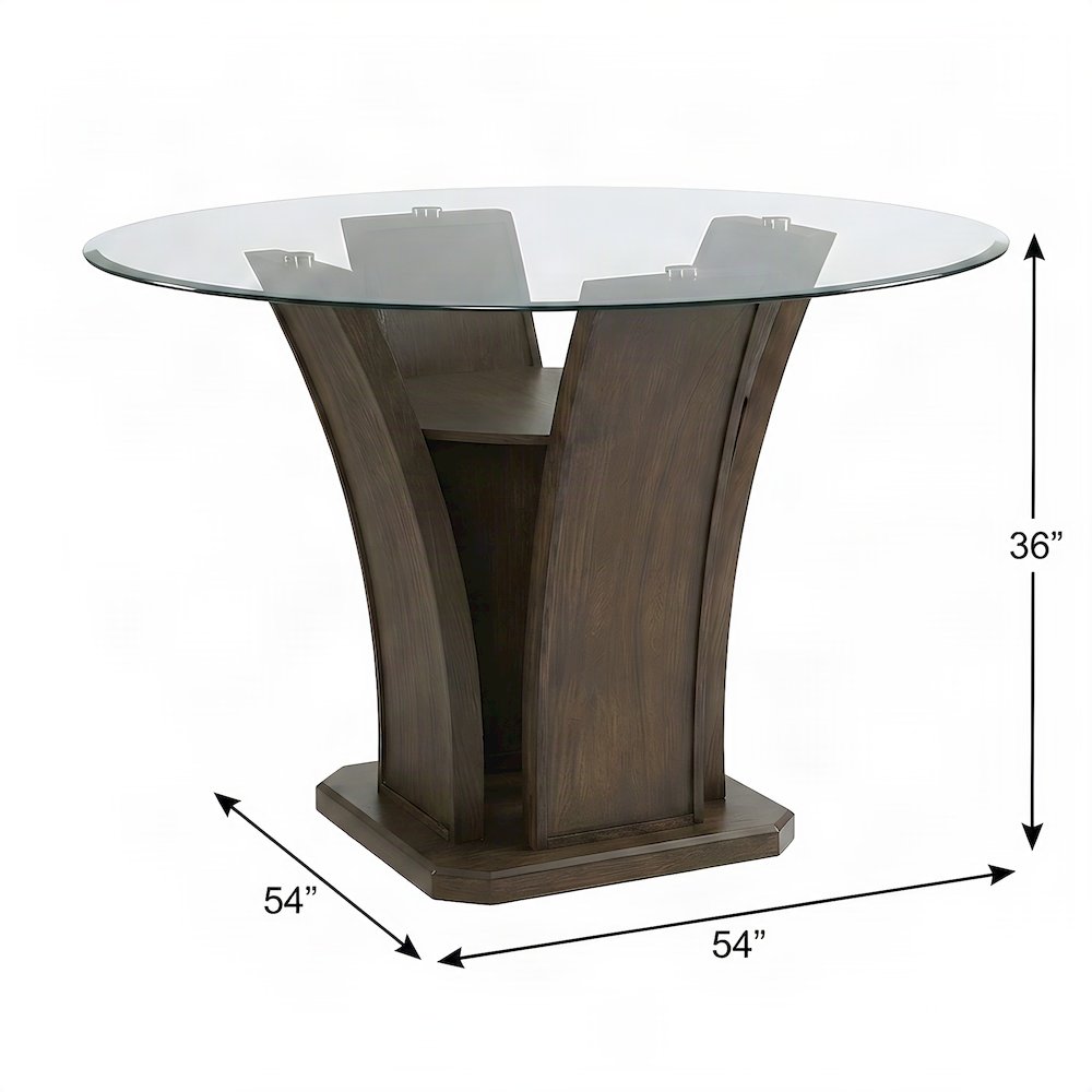 Round Counter Height Dining Table with Acacia Veneer and Glass Top, Walnut