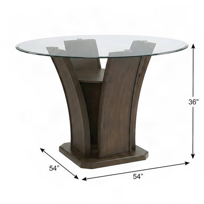 Round Counter Height Dining Table with Acacia Veneer and Glass Top, Walnut