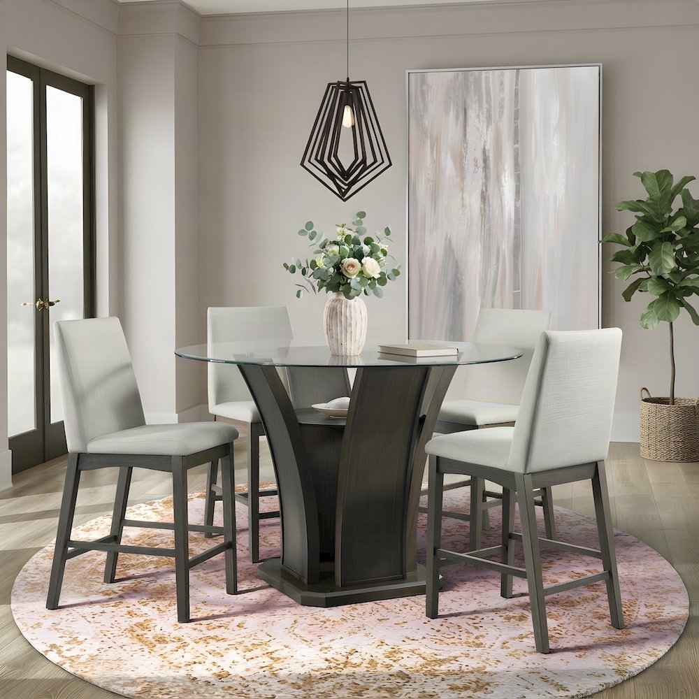 Round Counter Height Dining Table with Acacia Veneer and Glass Top, Walnut