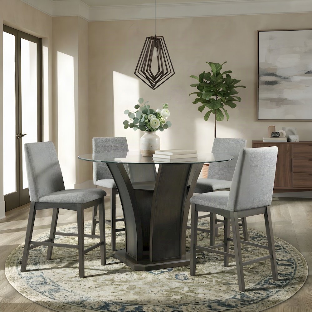 Round Counter Height Dining Table with Acacia Veneer and Glass Top, Walnut