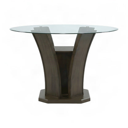 Round Counter Height Dining Table with Acacia Veneer and Glass Top, Walnut