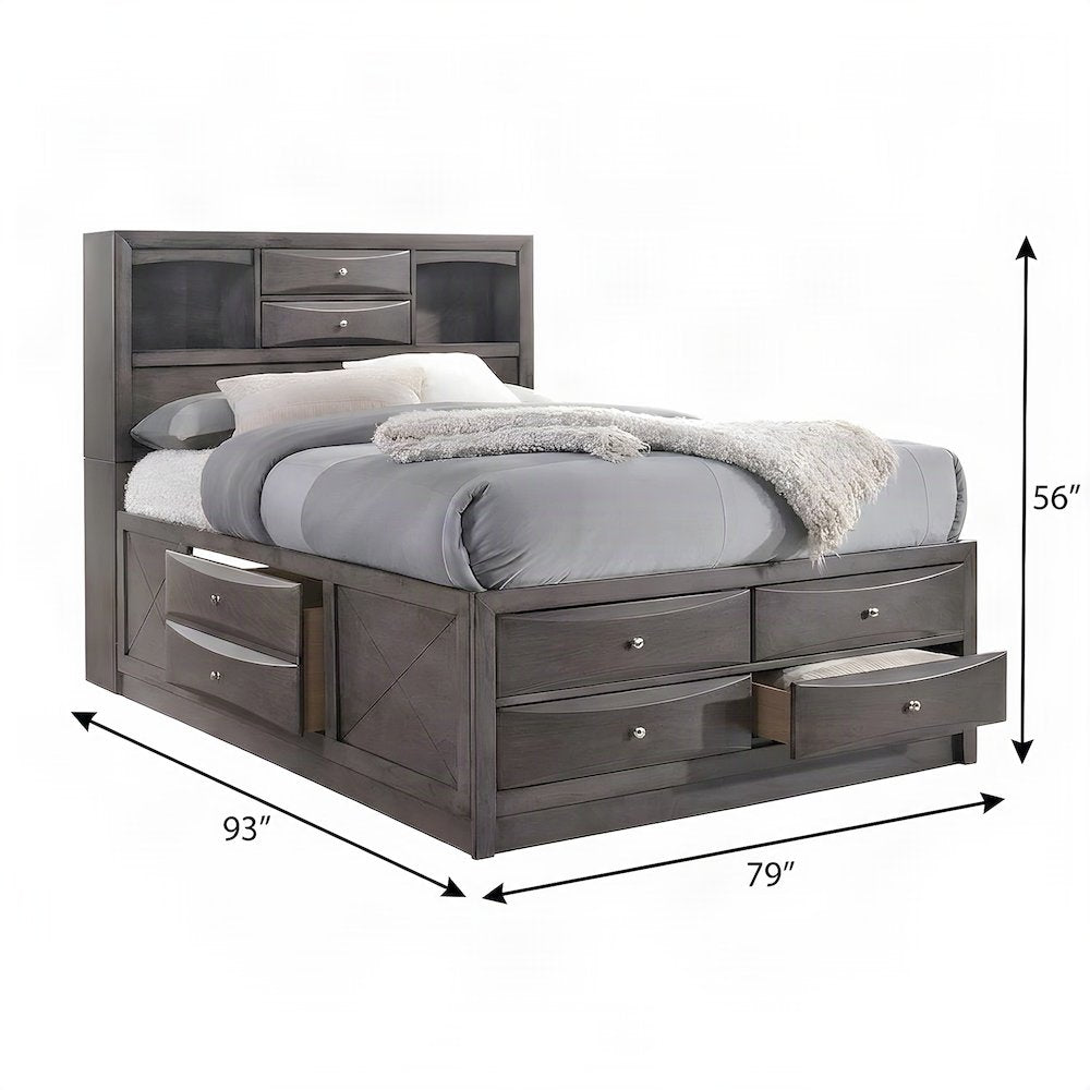 Okoume Veneer King Storage Bed Frame with Drawers and Headboard, Gray