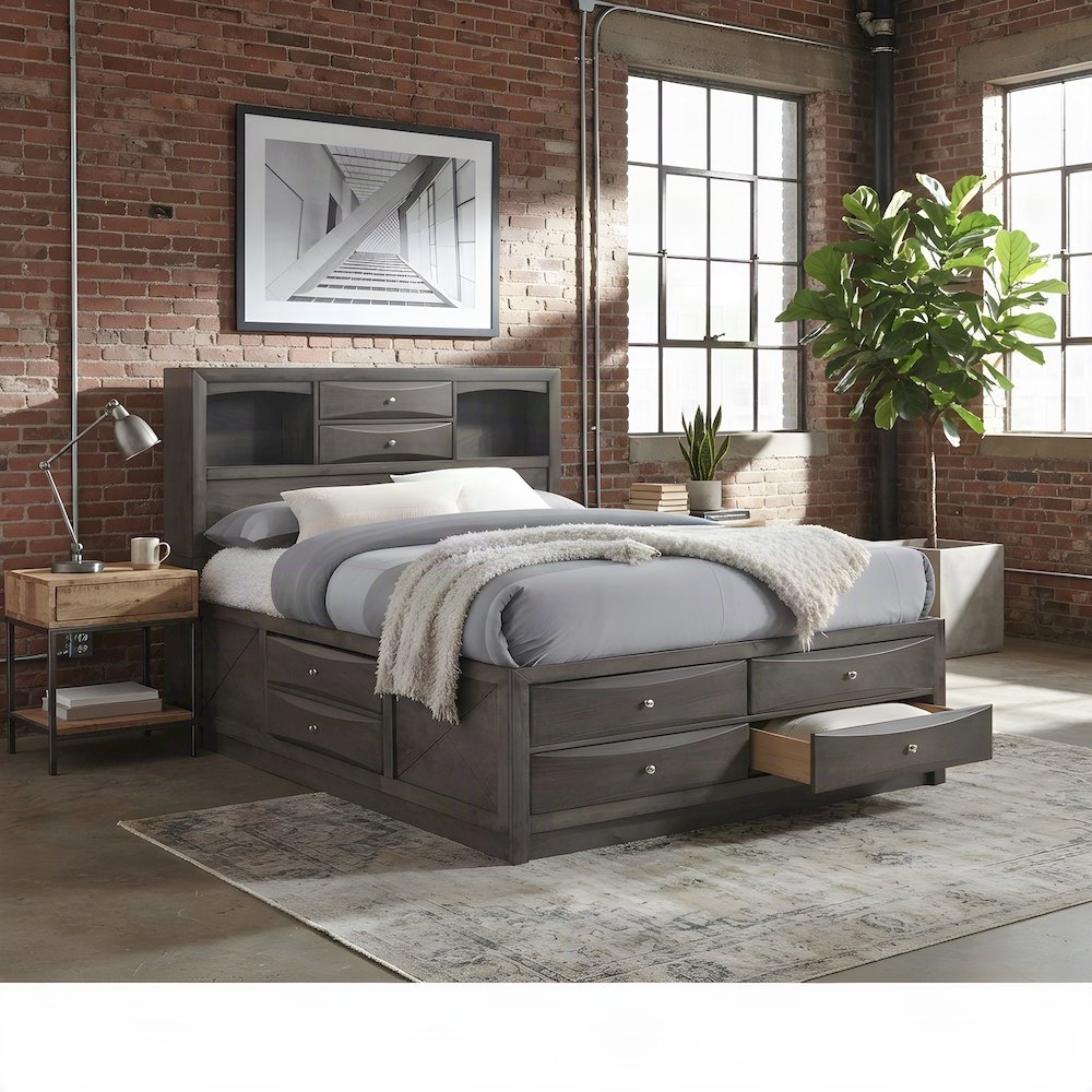 Okoume Veneer King Storage Bed Frame with Drawers and Headboard, Gray