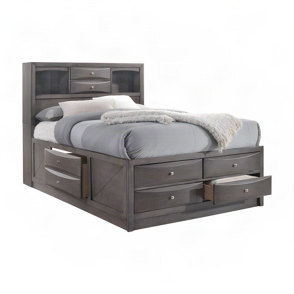 Okoume Veneer King Storage Bed Frame with Drawers and Headboard, Gray