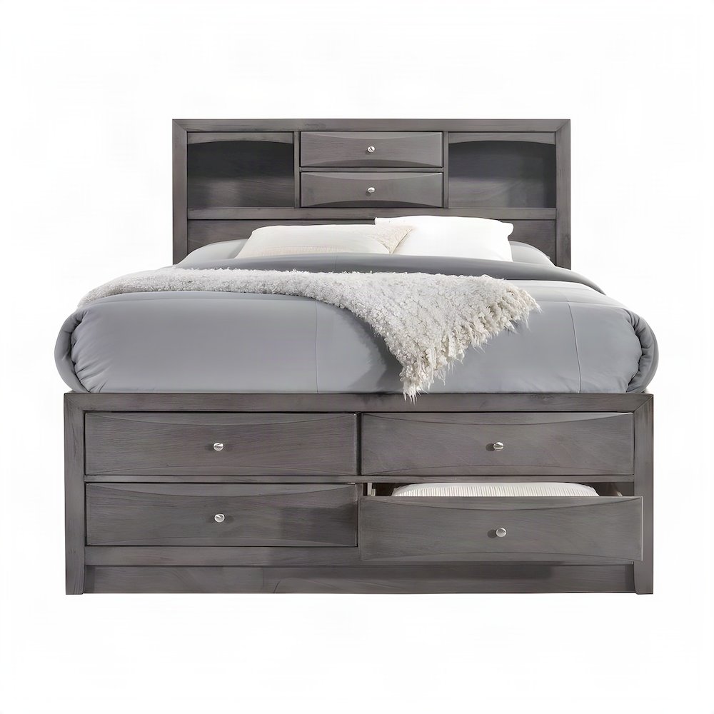 Okoume Veneer King Storage Bed Frame with Drawers and Headboard, Gray