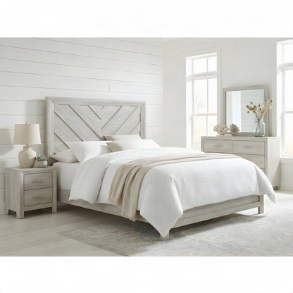 Full Size Wood Panel Bed Frame with Tall Headboard, Farmhouse Style, White