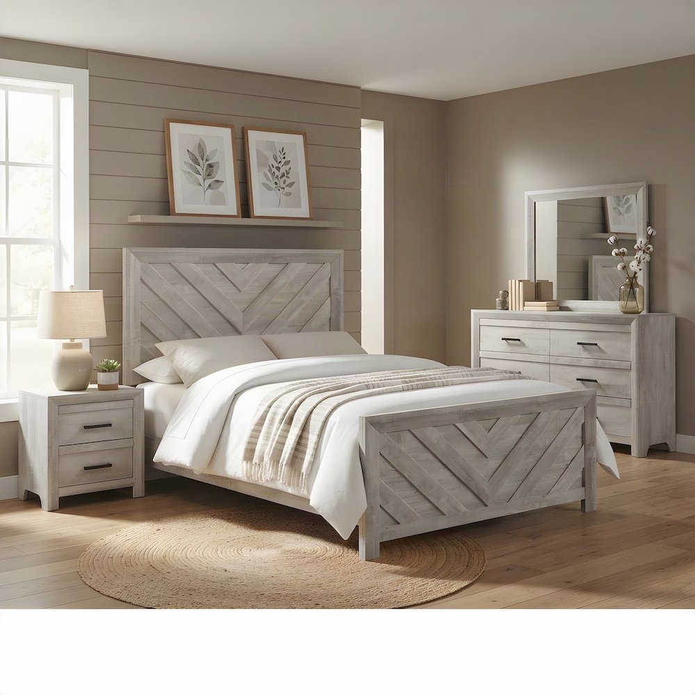 Full Size Wood Panel Bed Frame with Tall Headboard, Farmhouse Style, White