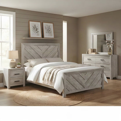 Full Size Wood Panel Bed Frame with Tall Headboard, Farmhouse Style, White