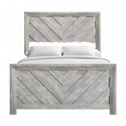 Full Size Wood Panel Bed Frame with Tall Headboard, Farmhouse Style, White
