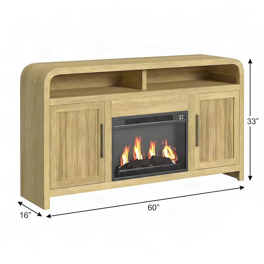 MDF Electric Fireplace TV Stand with Dual Cabinets and Mantel, Natural