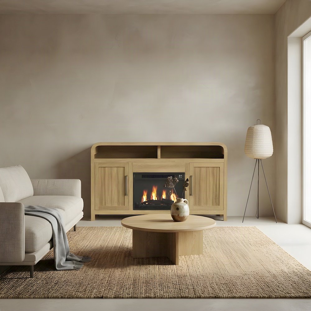 MDF Electric Fireplace TV Stand with Dual Cabinets and Mantel, Natural