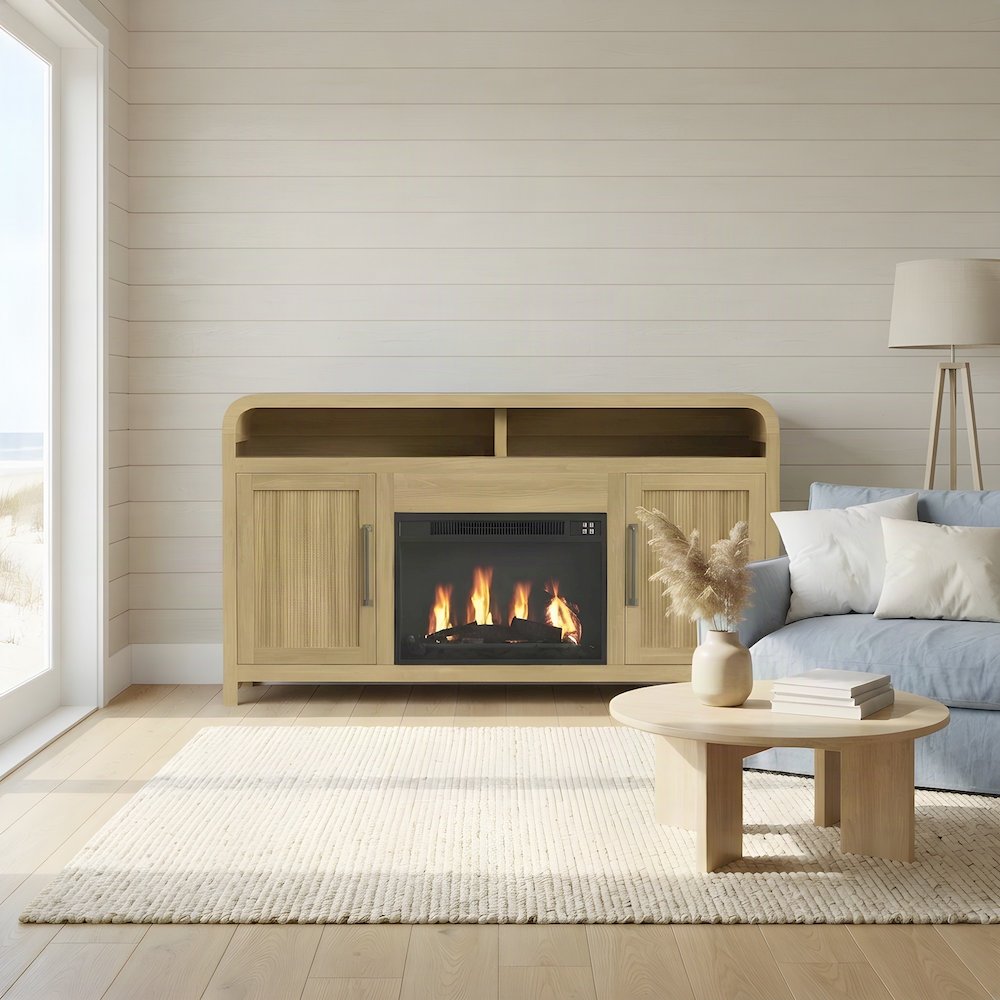 MDF Electric Fireplace TV Stand with Dual Cabinets and Mantel, Natural