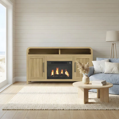 MDF Electric Fireplace TV Stand with Dual Cabinets and Mantel, Natural