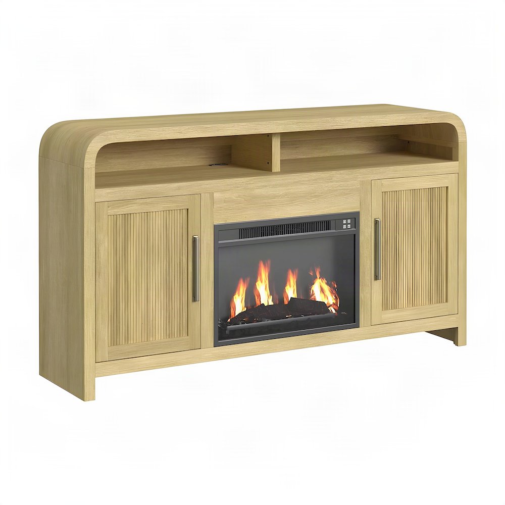 MDF Electric Fireplace TV Stand with Dual Cabinets and Mantel, Natural