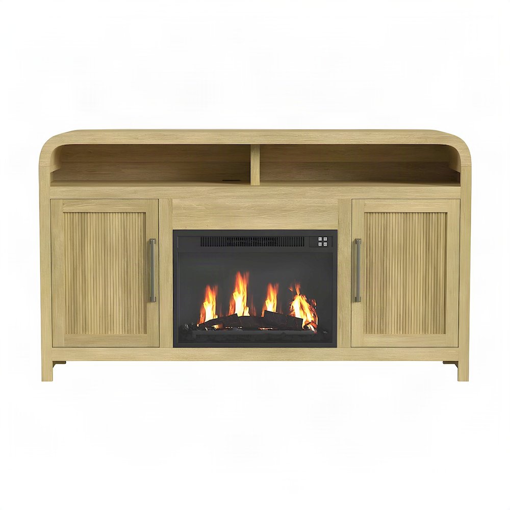 MDF Electric Fireplace TV Stand with Dual Cabinets and Mantel, Natural