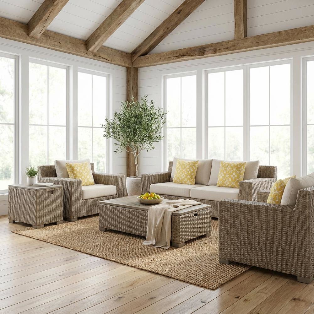 Rectangular Tan Coffee Table with Wood Legs and Transitional Design