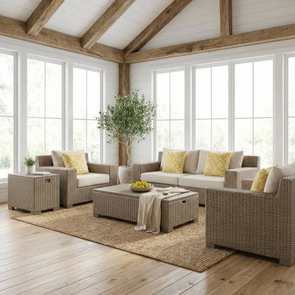 Rectangular Tan Coffee Table with Wood Legs and Transitional Design