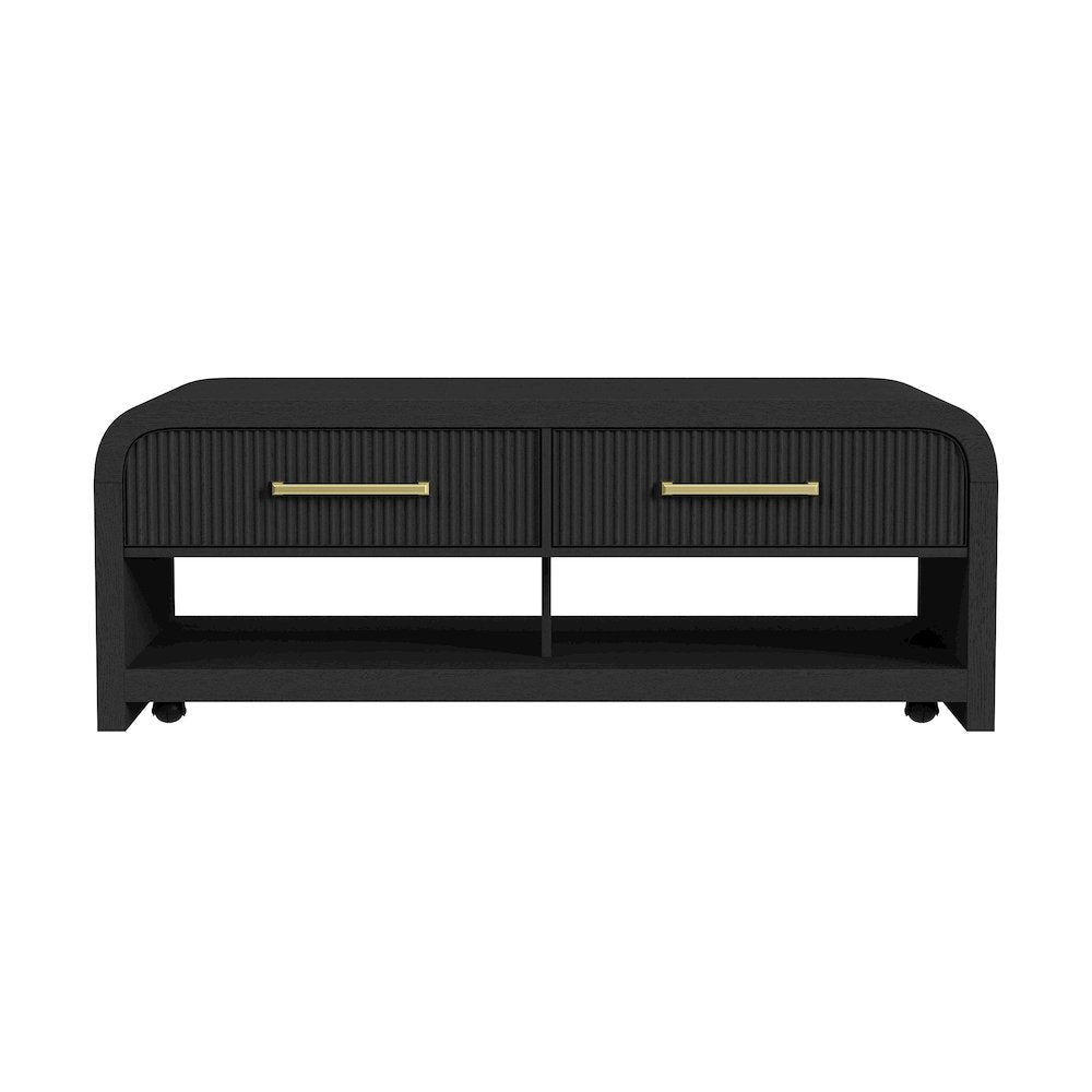 Woodridge Coffee Table with Casters/Push Through Drawer in Black with Grain