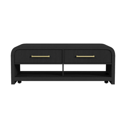 Woodridge Coffee Table with Casters/Push Through Drawer in Black with Grain