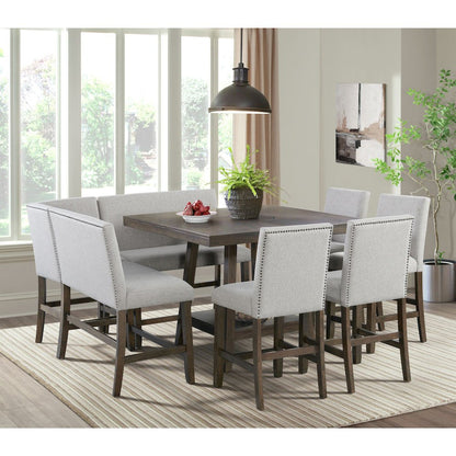 Hester Counter Bench with Upholstered Back and Grey Fabric in Brown