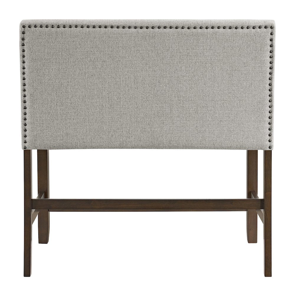 Hester Counter Bench with Upholstered Back and Grey Fabric in Brown