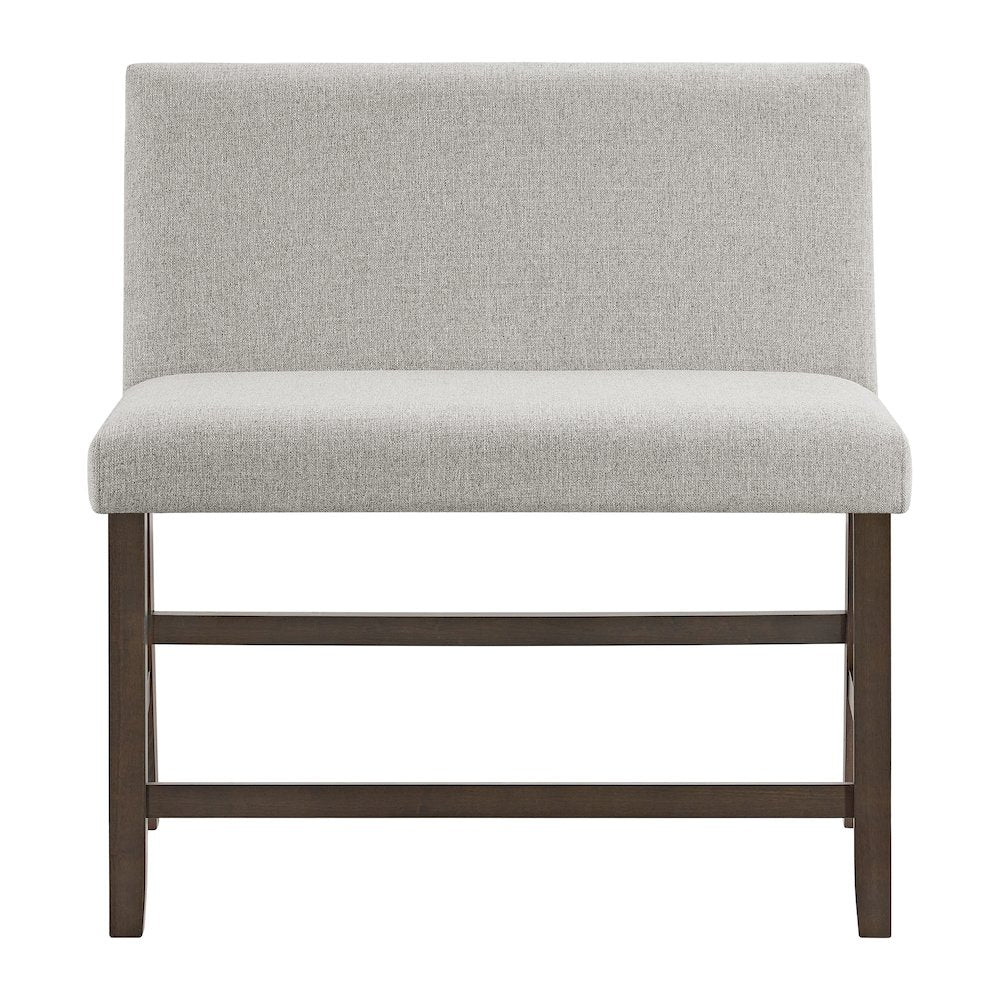 Hester Counter Bench with Upholstered Back and Grey Fabric in Brown