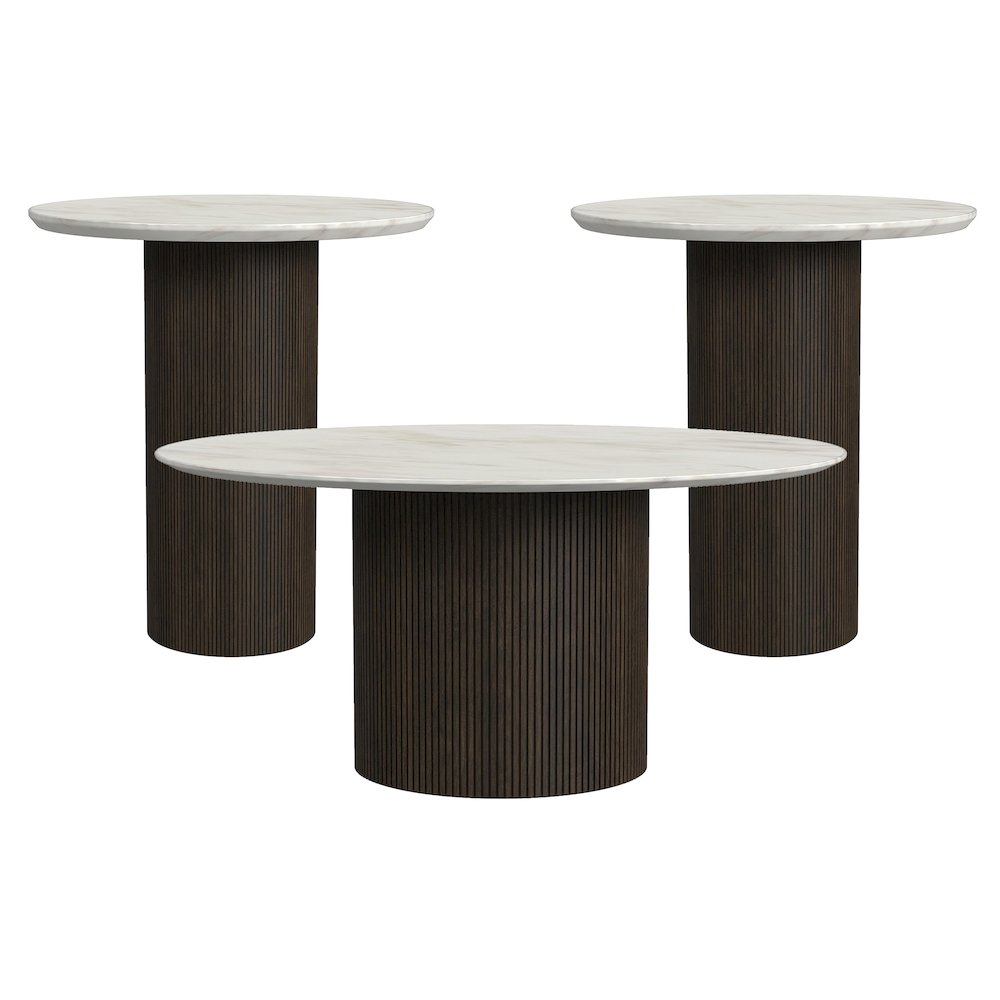 3PC Table Set, White Faux Marble Top, Dark Brown Base-Coffee Table & 2 End Table