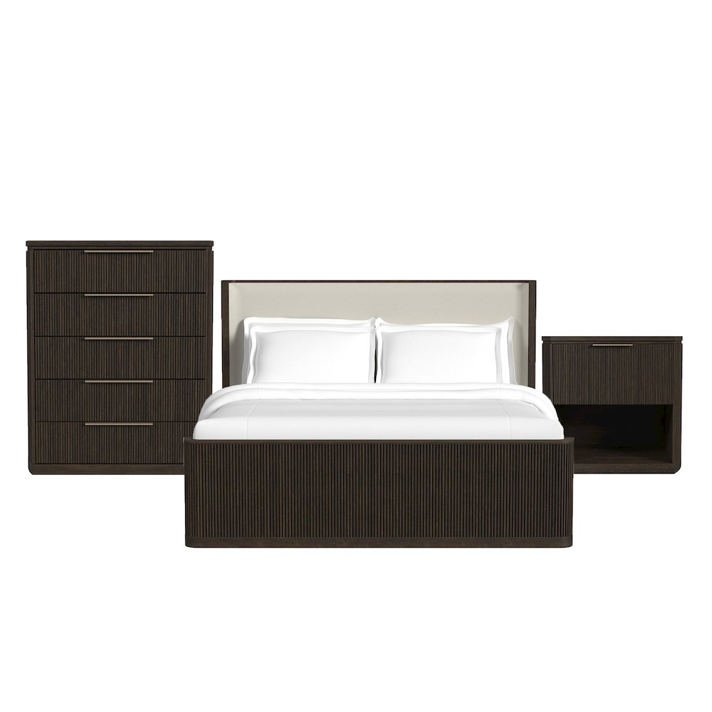Sylvie King UPH 3PC Bedroom Set with White Fabric in Dark Brown